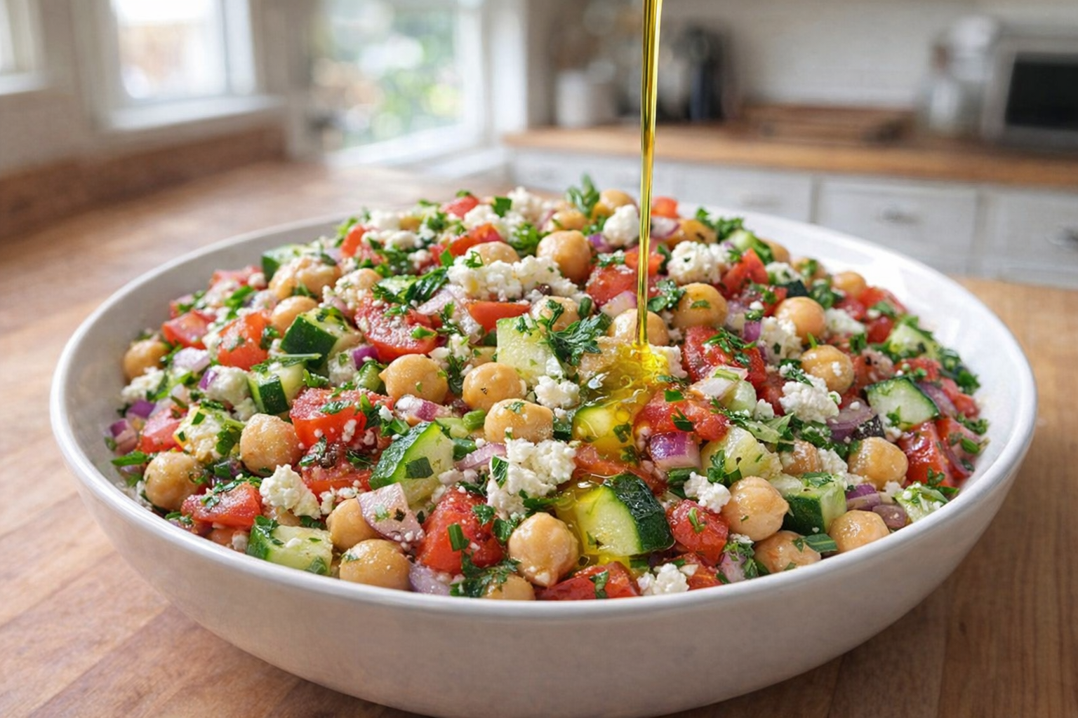 A plated Mediterranean Chickpea Salad with chopped tomatoes, cucumbers, red onion, feta cheese, and fresh herbs, drizzled with olive oil, bright and airy lighting